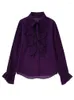 Women's Blouses Summer Shirt Purple Pleated Long Sleeve Lapel Loose Button Bowknot Decoration Blouse