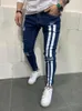 Мужские джинсы Байкерские рваные мужские узкие полосатые джинсы с застежкой-молнией Винтажные рабочие брюки в стиле хип-хоп с тонким принтом в европейском стиле большого размера 230309