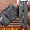 Men's Jeans 2023 Classic Style Gray Cotton Regular Fit Stretch Denim Thick Pants Male Brand Trousers Winter Warm Fleece