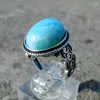 Bagues de grappe prix de gros bague en argent Antique 925 ovale 12x16mm fiançailles en Larimar naturel pour cadeau