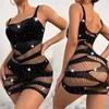 Casual Dresses Women Sexy Mini Dress Rhinestones Beach Hip Skirt Cover Up Summer See-through Party Perspective Bodycon