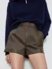 Women's Shorts KONDALA Women's Shorts Vintage PU Leather Shorts High Waist Undefined Drapped Trousers Female Office Wear Shorts 230308