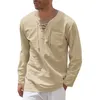 Men's T-Shirts Summer New Men's Long Sleeves T-shirt Cotton Linen Clothes V Neck Lace-up Loose Tops Tees Shirt Beach Casual Pullover S-4XL G230309