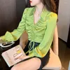 Blouses pour femmes automne à manches longues femmes chemises mode Sexy en mousseline de soie Blouse abricot col en V femme vêtements vert femme hauts 24572