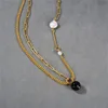 Colliers Vintage français au Design Unique, Double chaîne en laiton, collier de perles baroques, perles noires, bijoux superposés délicats