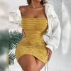 Vestidos casuais Mini vestido sem alças mulheres sexy sem mangas, encobrimento cascata, embrulhar o corpo de verão sem nas costas, senhoras de festas