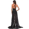 Casual Dresses Fashion Sexy Backless Party Dress Women Artificial Leather Halter V-neck Lace Long Female Black Maxi Clubwear