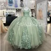 Grüne Prinzessin Mint Quinceanera Kleider Blumen Applikationen Schnürung Korsett von Schulter Vestidos de Anos Prom Kleid