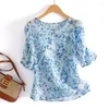 Women's Blouses Woman Summer Style Chiffon Tops Lady Casual Short Sleeve O-Neck Flower Printed Blusas ZZ1477