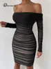 Casual Dresses Dressmecb Off Shoulder Mesh Party Dress Women Clothing Sexy Club Backless Ruched Bodycon Long Sleeves Autumn Vestidos Y2302