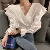 Kvinnors blusar skjortor Kvinnor Autumn Fare Sleeve Solid White Korean Style Topps Splicing Shirts Ruffled V-Neck Cardigan Fashion Blus 12293 230309