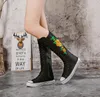 Big Size 34-43 Women fashion High-top zipper Embroider flat boots Long-barreled casual flats canvas boots Tall Punk Shoes