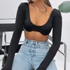 Women's Knits Tees Women Sexy Crop Tops Solid Color Low Cut Long Sleeve T-shirt Showing Belly Button Clubwear W0306