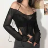 Women's Knits Tees Women's T-shirt Mesh Long-Sleeved Crop Top with Adjustable Straps Sexy Navel Solid Color Summer Clothing Casual Outfits Y2k W0306