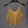 Tanques femininos 2023 verão sem mangas v pescoço malhado Camis Women Sexy Metallic Gold Crots Tops Shiny Silver Camisole
