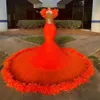 Vestidos de Baile Sereia Laranja Luxo 2023 Para Meninas Negras Penas Bottom Beading Cristal Profundo Decote V Vestidos de Festa à Noite Vestido de Aniversário