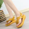 Summer Leather Sandals Fashion Cute Flower Wedge Heel Thick Sole Clip Toe Comfortable Non-Slip Women's Shoes