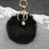 Keychains Wholesale 8CM Pom Poms With Pearl Fluffy Pompoms Keychain Faux Fur Keyring For Girls Women