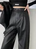 Calças femininas Capris Seoulish Pu Faux Women Wide Leg -Pants Autumn Winter High Buttons Vintage Black Buttons de Streetwear Logo