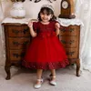 Vestidos de menina princesa miçangas vestido de festa noturna de flor de flor de meninas vermelhas vestidos de noiva crianças mangas curtas fantasia 6m-4tyear