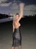 カジュアルドレスnibber 2021セクシーなメッシュプリーツ婦人服のための長いプロムソリッドカラービーチパーティーウェアミディラップドレスストリート衣装Y2302