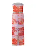 Casual Dresses Women Tie-dye Printed Low-Cut Strapless Back High Split Tight Dress Party/Bar/Cocktail Summer Bodycon Long