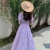 Casual Dresses Spring Summer Women Short Puff Sleeve Purple Elegantes Long Dress Square Collar Vestidos Female Vintage Fairy Kawaii Gowns