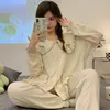 여자 잠자기 한국 스타일의 달콤한 파자마 세트 여성 가을 ​​패치 워크 디자인 사랑스러운 학생 소녀 홈 홈 부드러운 편안한 단순 디자인 230309
