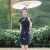 Etnische kleding traditionele kanten trim mandarijn kraag korte mouw geprinte satijn qipao mini cheongsam vrouwen Chinese stijl trouwjurk