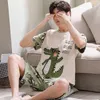 Men's Sleepwear Men Pajamas Set Summer Short-sleeves O-neck Sleepwear Funny Dinosaur Cartoon Print Knit Cotton Sleepwear Plus Size Men Nightwear 230309