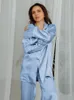 Women's Sleepwear Hiloc Feathers Satin Pajamas For Women Sets Lapel Splicing Sleepwear Women's Suit Single-Breasted Nightwear Winter Fashion 230309