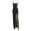 Casual klänningar eleganta för kvinnor 2023 Slip Swinging Collar Sleeveless Backless Slit Maxi Dress Solid Fall Bodycon Evening Party Vestido