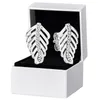 Sparkling Feather Stud Earring 925 Sterling Silver för Pandora CZ Diamond Wedding Party Jewelry for Women Girl Girl Gift Designer Earrings With Original Box Set