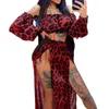 Vestidos de trabajo Conjuntos de falda sexy para mujer Verano Otoño Vacaciones Mujeres Temperamento Leopardo Sin tirantes Puff Manga Crop Top Split Trajes de mujer