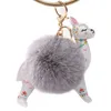 Cute Alpaca Hair Ball Floral PU Key Ring Pendant Plush Toy Key Ring Ladies Car Keychain Christmas Birthday Gift175B