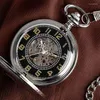 Карманные часы самостоятельные автоматические механические скелетные часы винтажные роскошные серебряные щиты дизайн черный с 30 см цепью