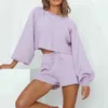 Feminino de tracksuits de trackses casual malha sólida conjuntos de duas peças 2021 New Women Puff Sleeve Sweater e amarrar os shorts ternos de fêmea combinando feminino.