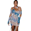 Casual Dresses Sexy Tie Dye Print Hollow Out Mini Dress Fashion O Neck Irregular Tassel Bodycon Short Vestidos Night Club Casiual Outfits