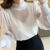 Blouses voor dames elegante massieve kleur lange mouw kudden blouse vrouwelijke kleding gaas kan kant stijlvolle lente herfst gesplitste halfhoge kraag