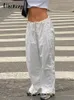 女性用パンツカプリウィーキープボーイフレンドホワイトカーゴパンツバギーポケットパッチワークローライズカジュアルパンツカプリスリートウェア韓国ファッションズボン230309