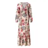 Casual Dresses Elegant Party Dress Women Three Quarter Sleeves Bohemian Flower Print A-Line Loose Boho Maxi Vestidoscasual