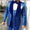 Men's Suits Royal Blue Floral Groom Tuxedos For Wedding Formal Men With Velvet Shawl Lapel Groomsmen Prom Dinner Male Blazer