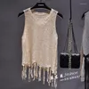 Women's Tanks 2023 Summer Sexy Shiny Gold Silver Knitted Tank Tops Women Bling Sequined Tassels Vest