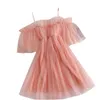 Casual Dresses Sweet Fairy Off Shoulders Gauze Spliced Ruffles Dress Strapless Mesh Gauze Spliced Pleated Vintage Dress ALine Vestidos 230309