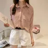 Women's Blouses Shirts Summer Womens Blouse Shirt Stripe 3/4 sleeve Plus size Womens Blouses Shirts Loose striped Camisa mujer White/Pink/Gray 230309