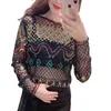 Women's T Shirts Transparent Mesh Women Bead Work Tops Sexy Lady Full Sleeve Pearl Pullovers Woman Sequined