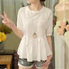 Women's Blouses Shirts Summer Blouse Women Half Sleeves White Blouse Shirt O-neck Button Raglan Sleeve Hollow Out Casual Lady Tops ruffle blouse Cotton 230309