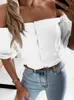 Blouses voor dames shirts Summer Fashion Slash Neck Off schouderhemd elegante vrouwen stevige kleur korte mouw knop top sexy feestkleding b