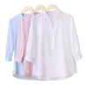 Kvinnors blusar skjortor insta halv ärm elegant skjorta vit rosa knapp vintage blus stativ krage damer bomullsskjorta kvinnlig casual s-3xl 230309