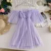 Casual Dresses Sweet Fairy Off Shoulders Gauze Spliced Ruffles Dress Strapless Mesh Gauze Spliced Pleated Vintage Dress ALine Vestidos 230309